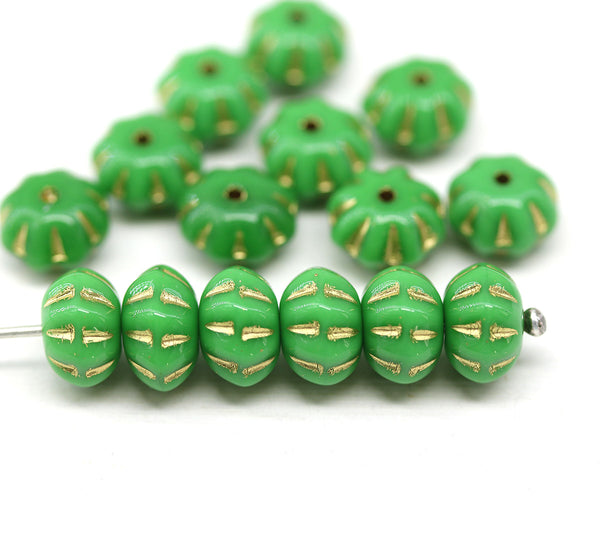 6x9mm Green golden inlays pumpkin rondelle Czech glass beads