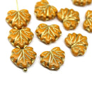 11x13mm Orange maple leaf beads, Czech glass leaves, gold wash 10pc