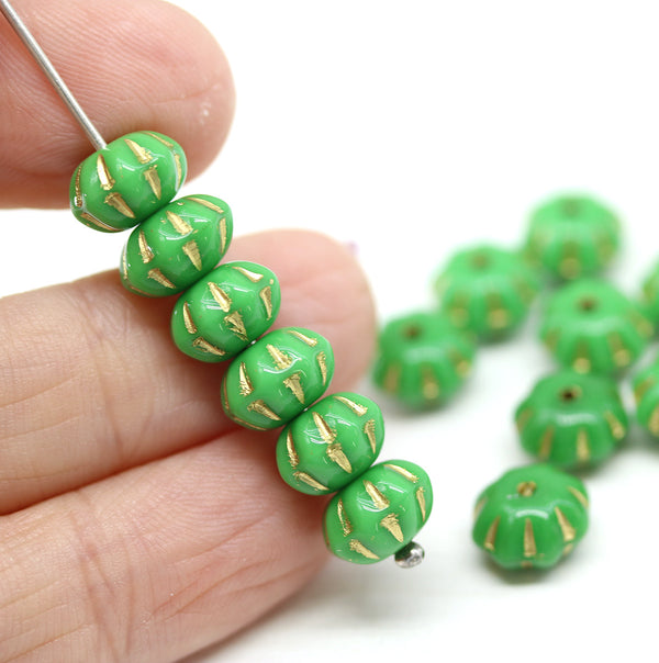 6x9mm Green golden inlays pumpkin rondelle Czech glass beads
