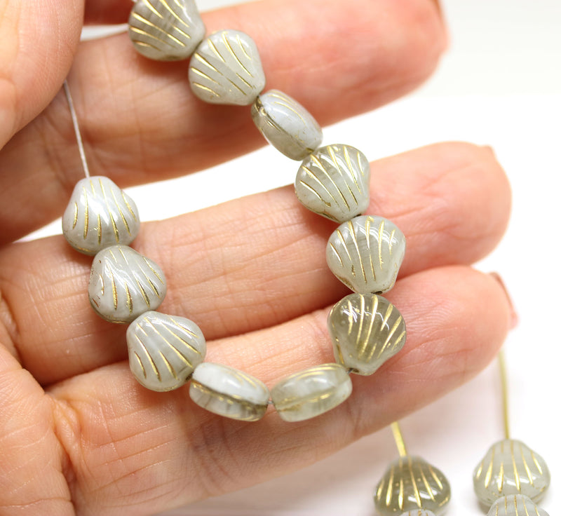 9mm Gray glass shell beads gold wash Czech beach seashell beads - 20Pc