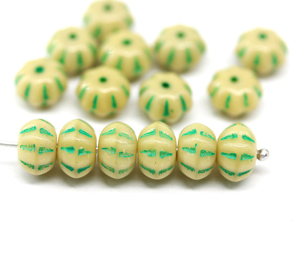 6x9mm Beige green inlays pumpkin rondelle Czech glass beads