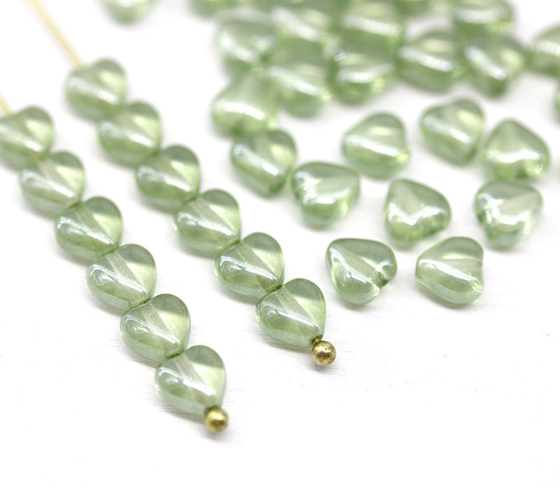 6mm Antique green heart Czech glass beads, 40pc