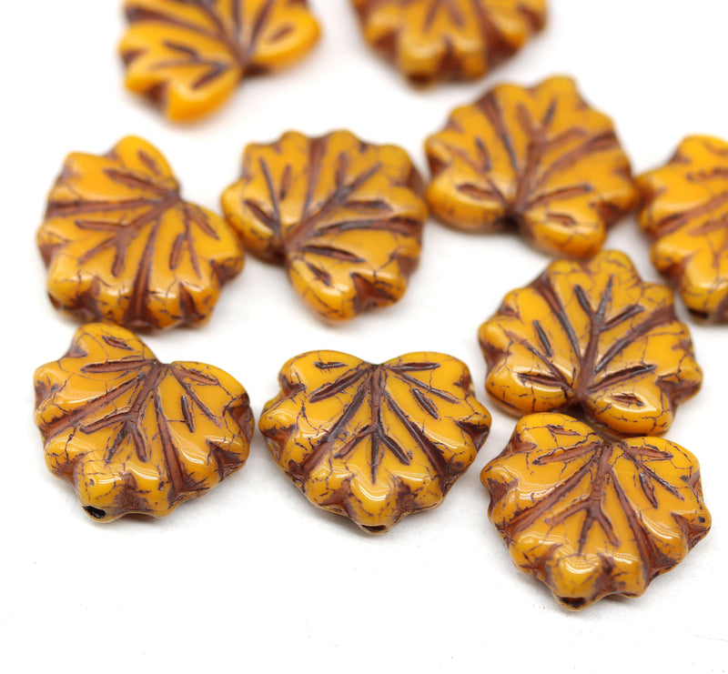 11x13mm Orange maple leaf beads, Czech glass leaves, brown inlays 10pc