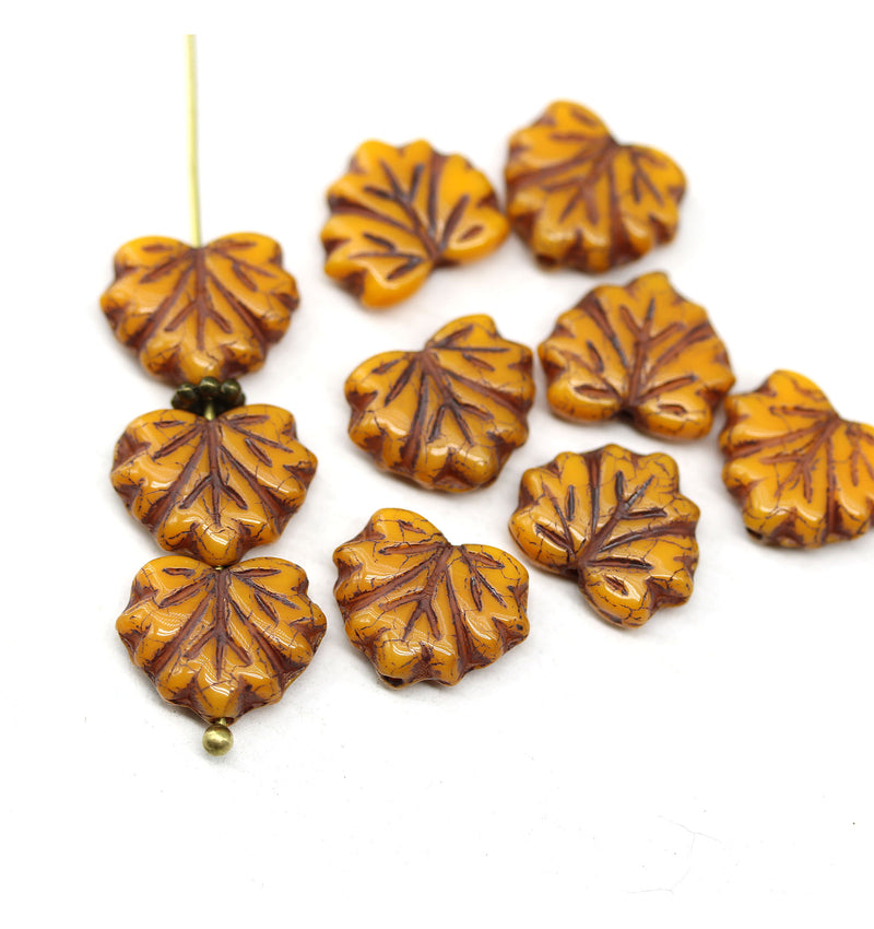 11x13mm Orange maple leaf beads, Czech glass leaves, brown inlays 10pc