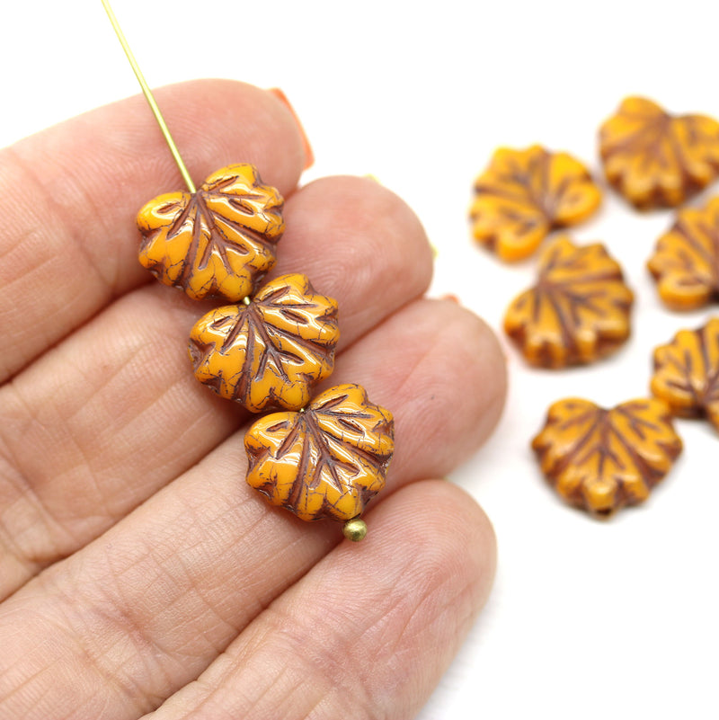 11x13mm Orange maple leaf beads, Czech glass leaves, brown inlays 10pc