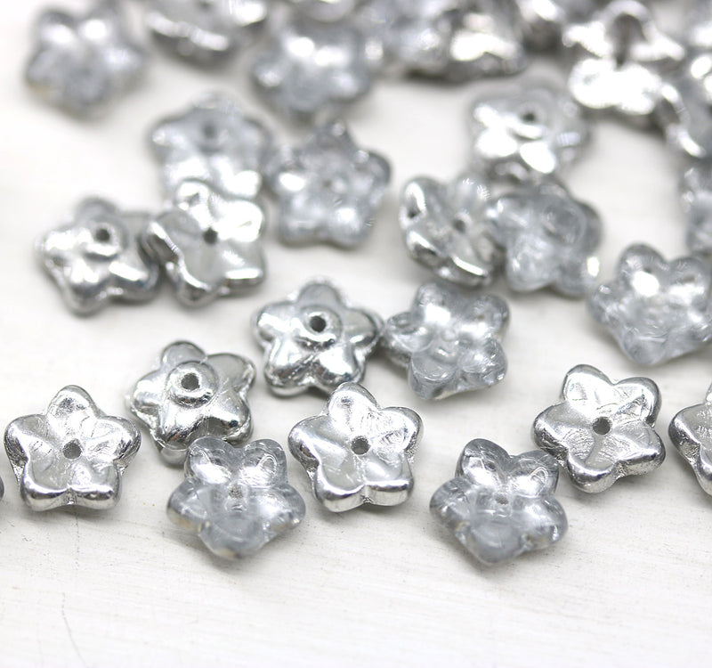 7mm Silver flower bead caps Czech glass small floral beads, 50Pc