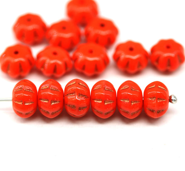 6x9mm Red pumpkin rondelle Czech glass beads, copper inlays