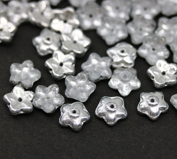7mm Silver flower bead caps Czech glass small floral beads, 50Pc