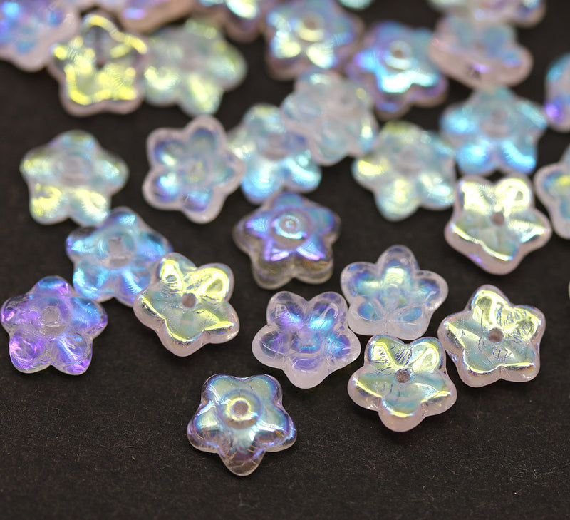 7mm Clear AB flower bead caps Czech glass small floral beads, 50Pc
