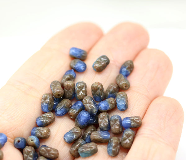 6x4mm Blue brown czech glass rice beads 50pc
