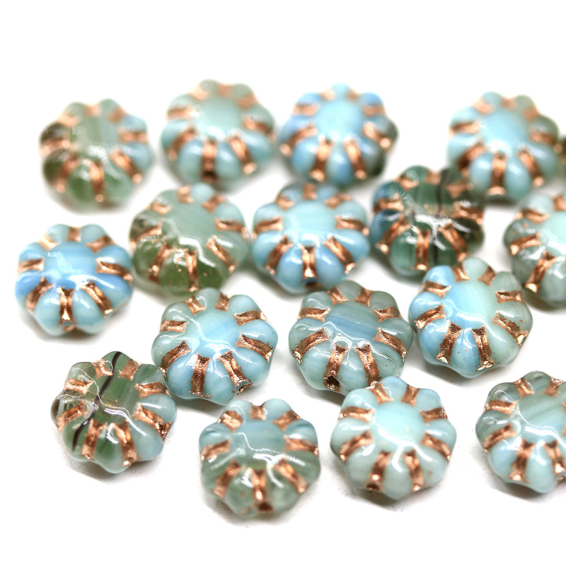 9mm Moss green blue Czech glass daisy flower beads copper inlays 20pc