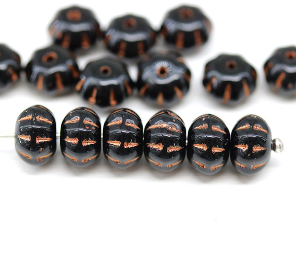 6x9mm Black pumpkin rondelle copper inlays Czech glass beads