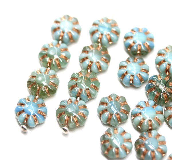 9mm Moss green blue Czech glass daisy flower beads copper inlays 20pc