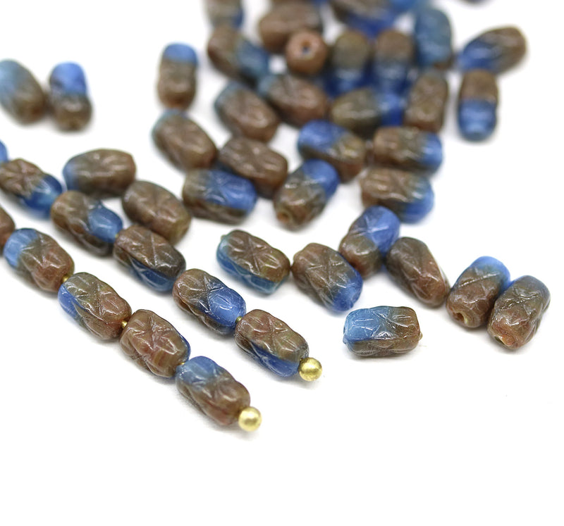 6x4mm Blue brown czech glass rice beads 50pc