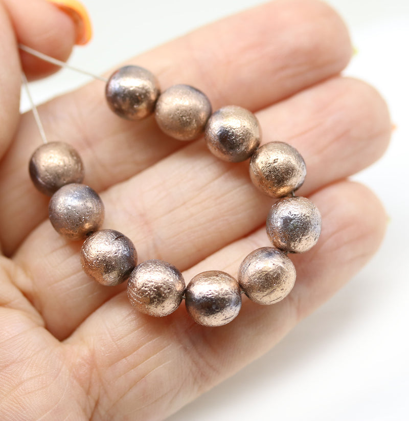 8mm Gray round czech glass druk pressed beads, copper finish, 15pc