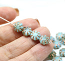 9mm Moss green blue Czech glass daisy flower beads copper inlays 20pc