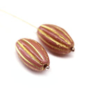 18x11mm Pink oval сarved Large czech glass barrel beads, gold wash, 2pc