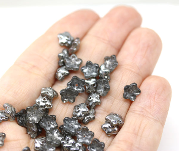 7mm Gray silver flower bead caps Czech glass small floral beads, 50Pc