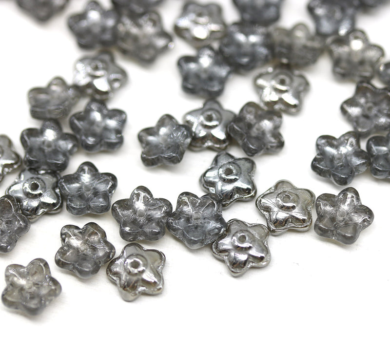 7mm Gray silver flower bead caps Czech glass small floral beads, 50Pc