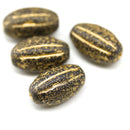 18x11mm Black oval сarved Large czech glass barrel beads, rustic gold wash, 4pc