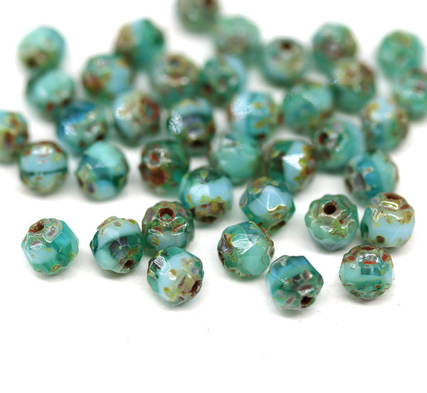 4mm Green glass cathedral czech glass beads, picasso ends 40Pc