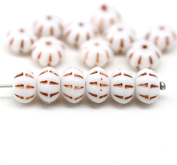 6x9mm White copper inlays pumpkin rondelle Czech glass beads