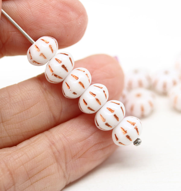 6x9mm White copper inlays pumpkin rondelle Czech glass beads