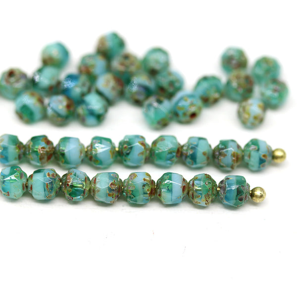 4mm Green glass cathedral czech glass beads, picasso ends 40Pc