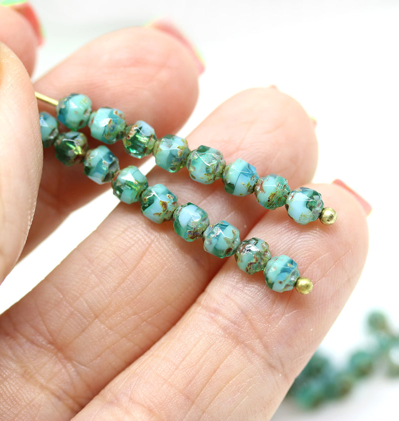 4mm Green glass cathedral czech glass beads, picasso ends 40Pc