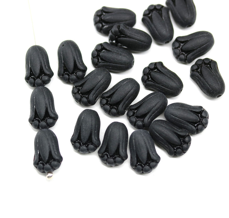 12x8mm Frosted black tulip beads, Czech glass flower - 20Pc