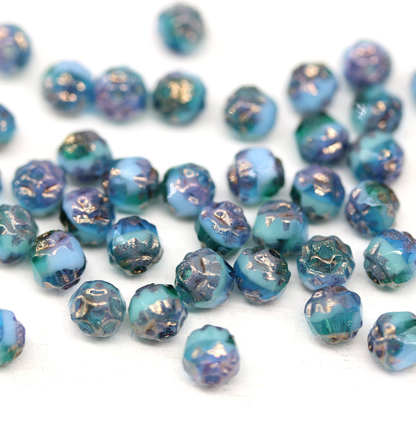 4mm Blue green glass cathedral czech glass beads, luster ends 40Pc