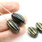 18x11mm Black oval сarved Large czech glass barrel beads, golden inlays, 4pc