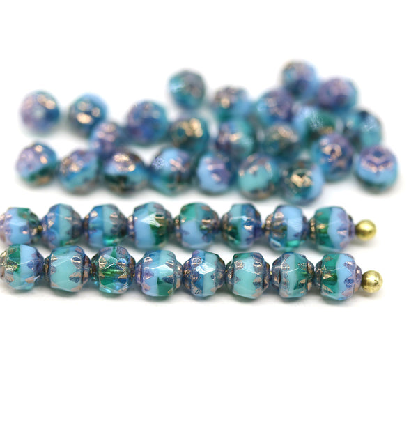 4mm Blue green glass cathedral czech glass beads, luster ends 40Pc