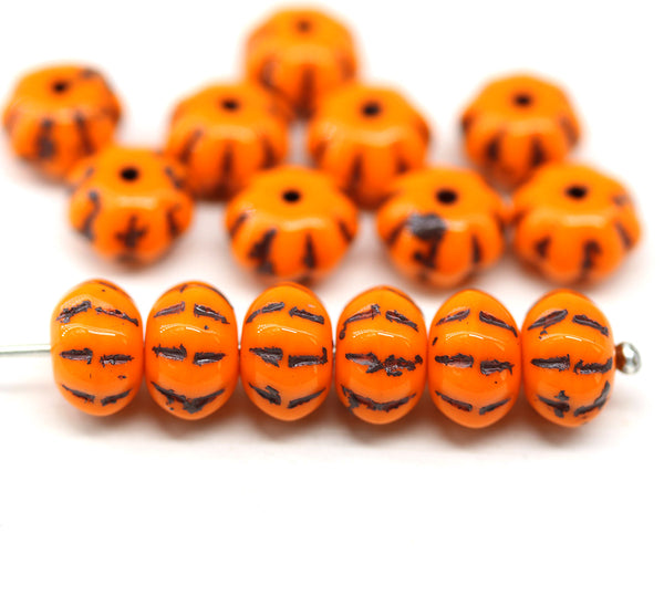 6x9mm Orange pumpkin black stripes rondelle Czech glass beads