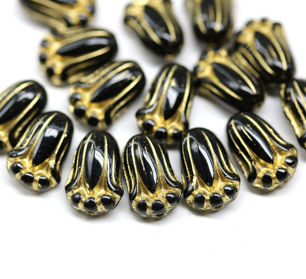 12x8mm Black tulip beads gold wash Czech glass flower - 20Pc