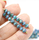 4mm Blue green glass cathedral czech glass beads, luster ends 40Pc