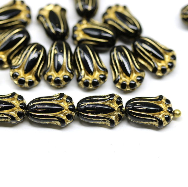12x8mm Black tulip beads gold wash Czech glass flower - 20Pc
