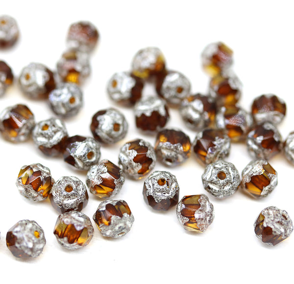 4mm Brown topaz glass cathedral czech glass beads, silver ends 40Pc
