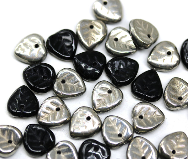 9mm Black leaf silver coating Heart shaped triangle Czech glass leaves - 30pc