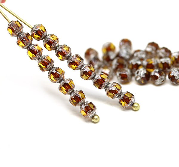 4mm Brown topaz glass cathedral czech glass beads, silver ends 40Pc