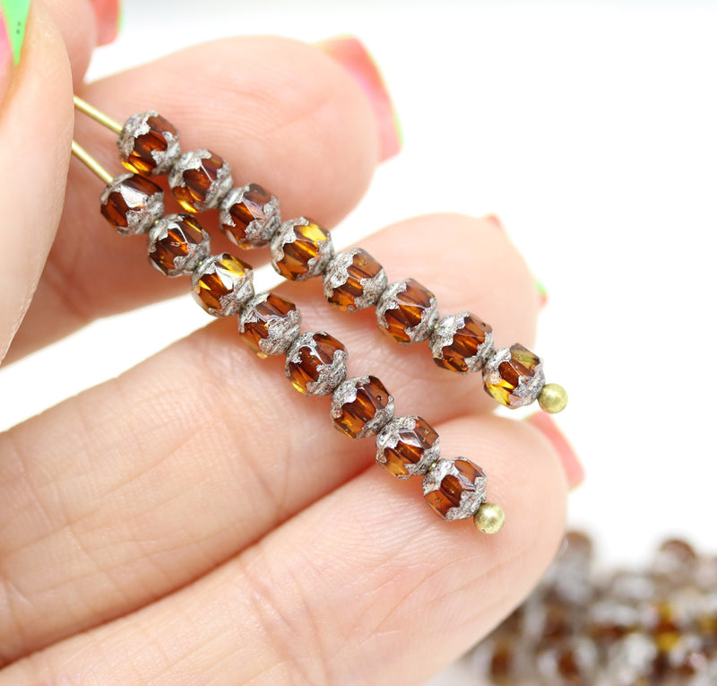 4mm Brown topaz glass cathedral czech glass beads, silver ends 40Pc
