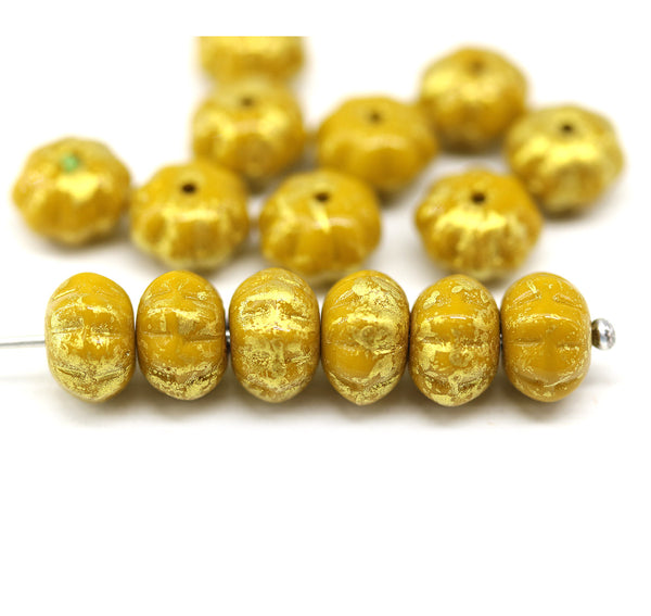6x9mm Ocher yellow pumpkin rondelle Czech glass beads, gold wash