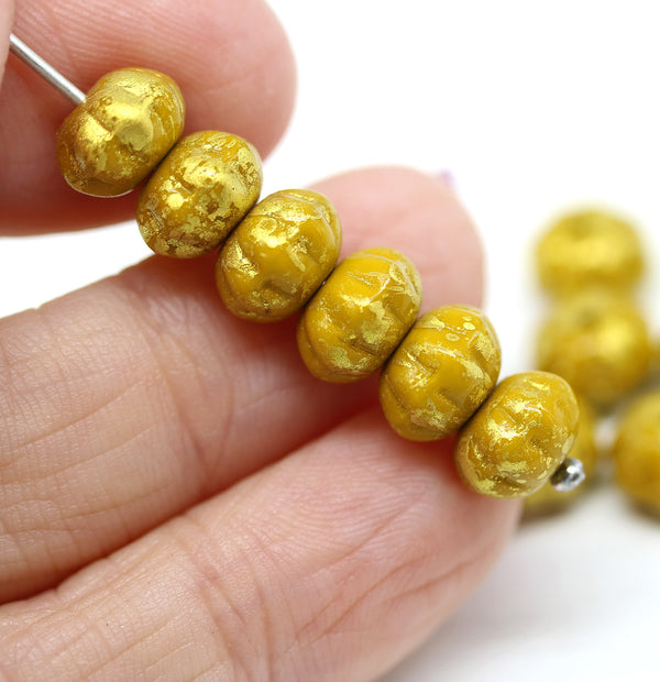 6x9mm Ocher yellow pumpkin rondelle Czech glass beads, gold wash