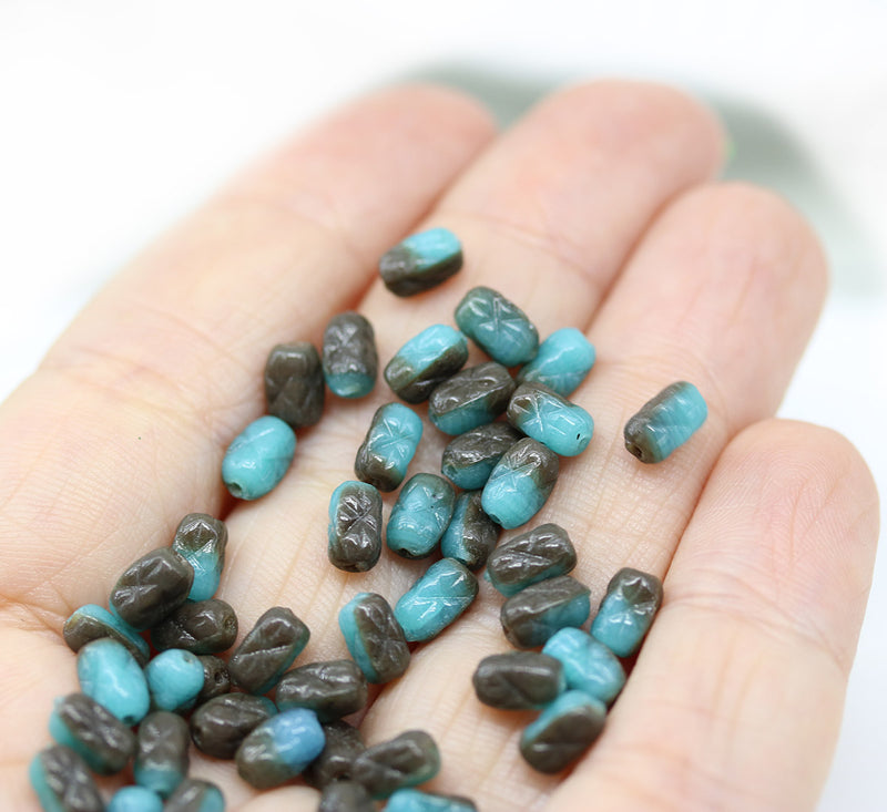 6x4mm Green brown czech glass rice beads 50pc