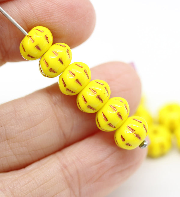 6x9mm Yellow pumpkin rondelle Czech glass beads, copper stripes