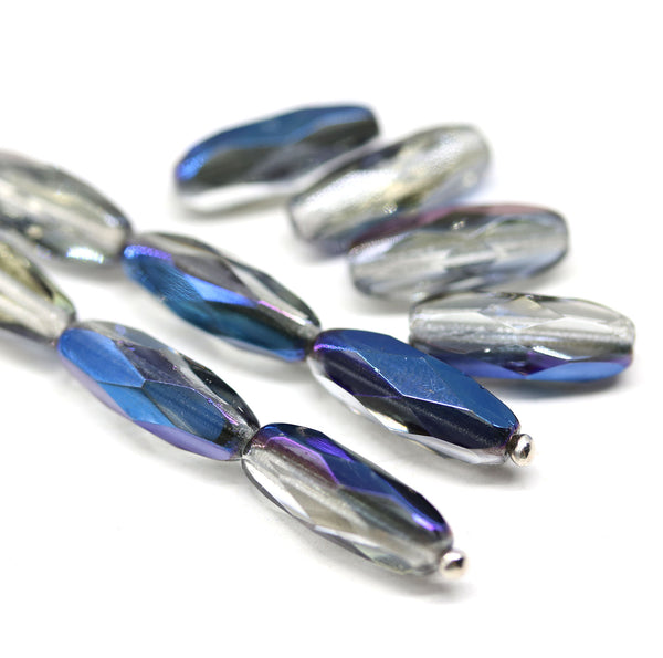 15x6mm Long bicones Crystal clear czech glass beads metallic blue - 10Pc