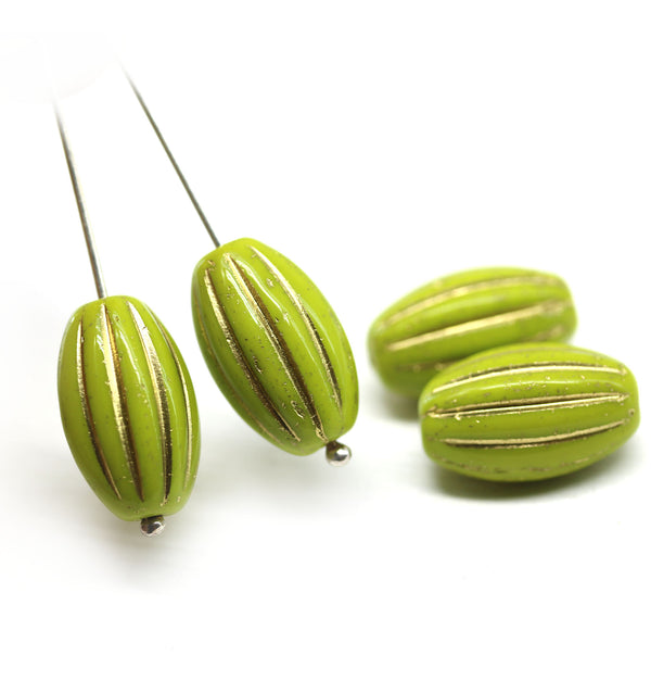 18x11mm Wasabi Green oval сarved Large czech glass barrel beads, gold wash, 4pc
