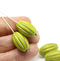 18x11mm Wasabi Green oval сarved Large czech glass barrel beads, gold wash, 4pc