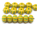 6x9mm Ocher yellow pumpkin rondelle Czech glass beads, green inlays