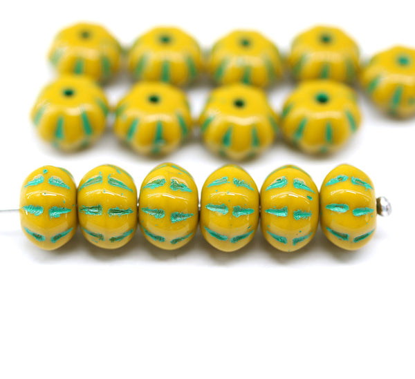 6x9mm Ocher yellow pumpkin rondelle Czech glass beads, green inlays